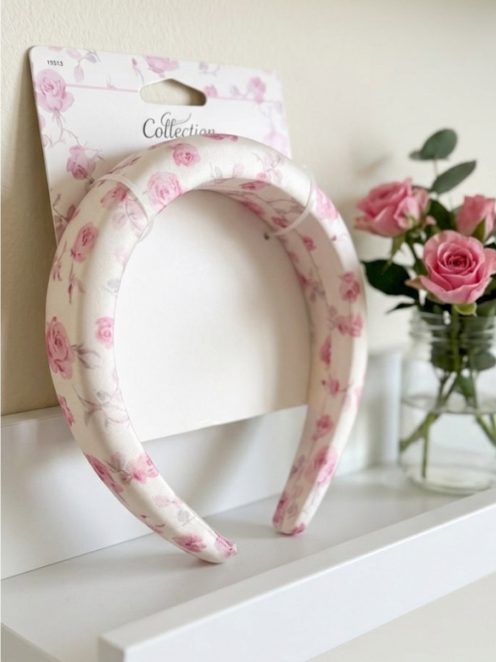 LoveShackFancy x Goody White Padded Headband with Pink Rose Print NWT